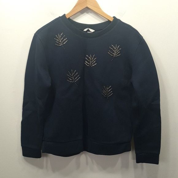 H&M Navy Blue Beaded Longsleeves Crewneck Sweatshirt Women's Size S - Picture 5 of 16